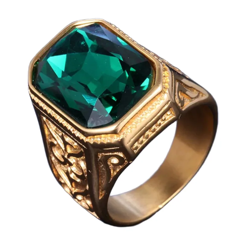 Anillo Sello Rectangular con Piedra Verde, Acero Inoxidable