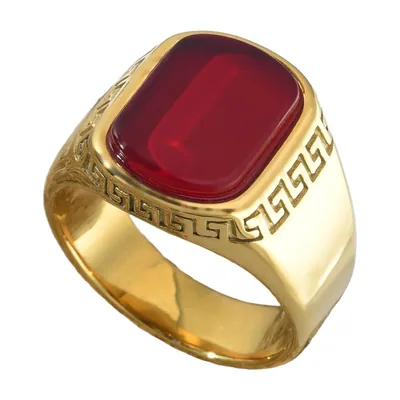 Herren Siegelring mit rotem Stein und Mäander-Muster, Goldfarben Edelstahl