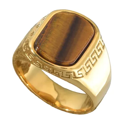 Herren Siegelring mit braunem Onyx und Mäander-Muster, Goldfarben Edelstahl