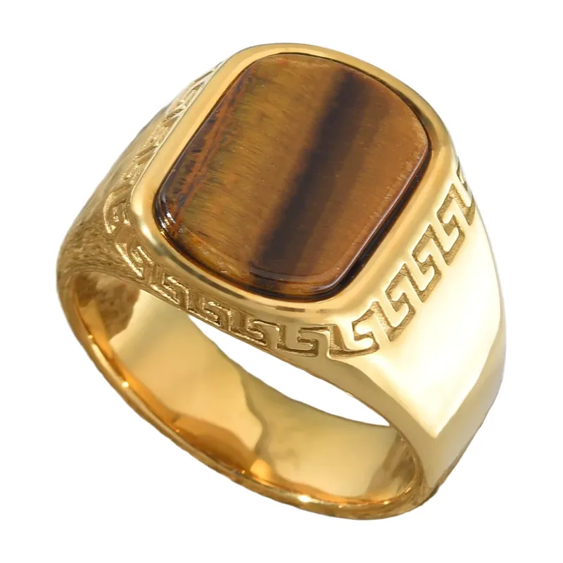 Anello Sigillo Rettangolare con Onice Marrone e Greca, Acciaio Inossidabile Dorato