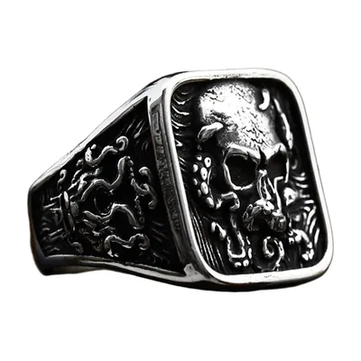 Anillo Sello de Kraken y Calavera, Acero Inoxidable