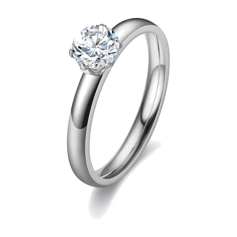 Solitaire Ring with Clear Cubic Zirconia, Stainless Steel
