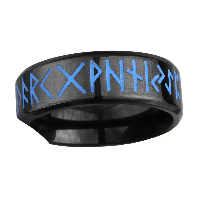 Anello Rune Vichinghe con Accenti Blu, Acciaio Inossidabile