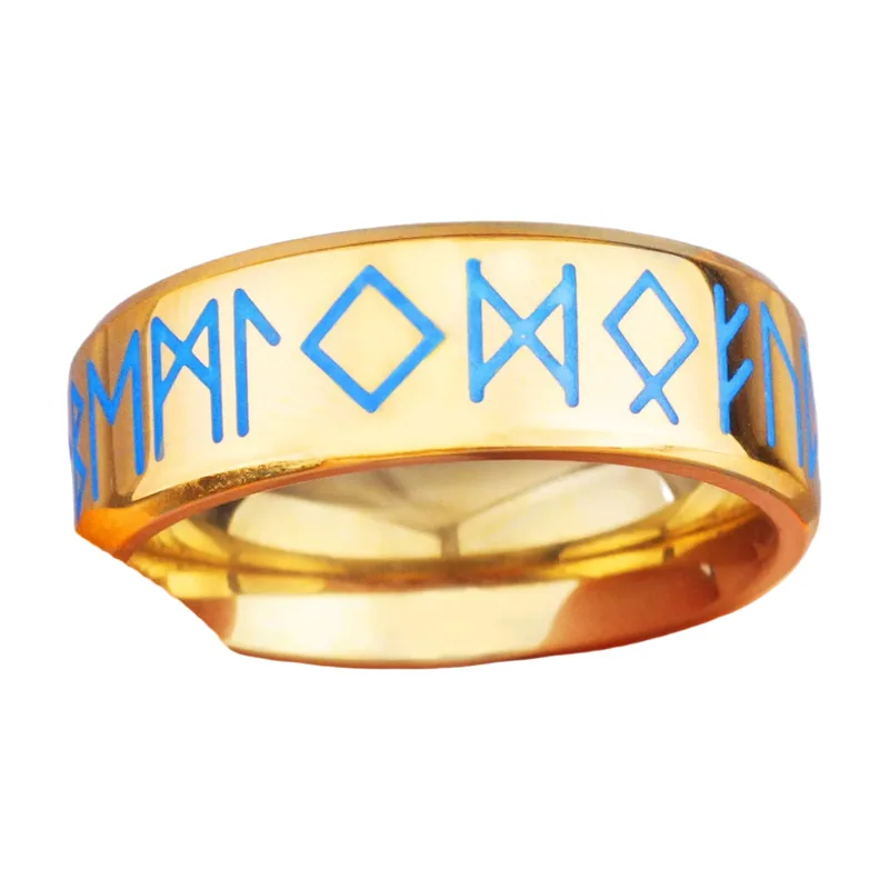 Viking Rune Ring with Blue Accents, 316L Stainless Steel