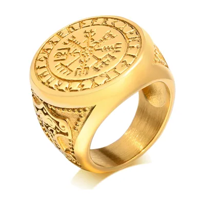 Vegvisir Signet Ring with Norse Runes, Stainless Steel