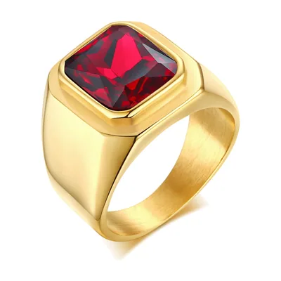 Chevalière Carrée avec Pierre Rouge, Acier Inoxydable Doré