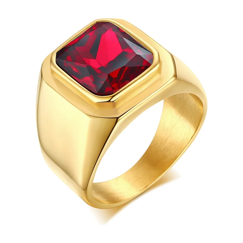 Chevalière Carrée avec Pierre Rouge, Acier Inoxydable Doré