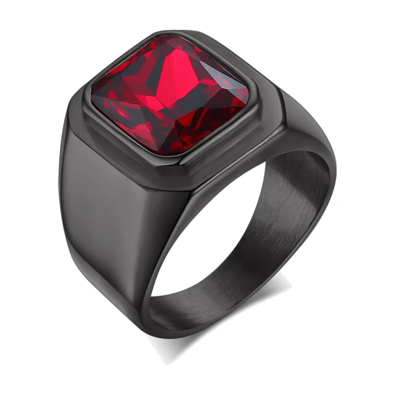 Chevalière Carrée avec Pierre Rouge, Acier Inoxydable