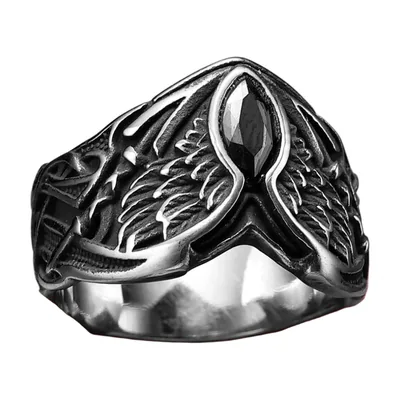 Engelsflügel Ring mit schwarzem Stein, 316L Edelstahl