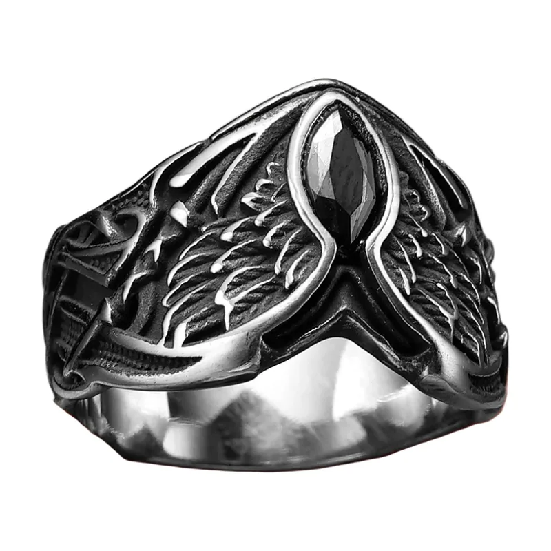 Engelsflügel Ring mit schwarzem Stein, 316L Edelstahl