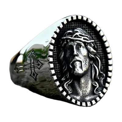 Jesus Christ Signet Ring with Cross Detail, Stainless Steel
