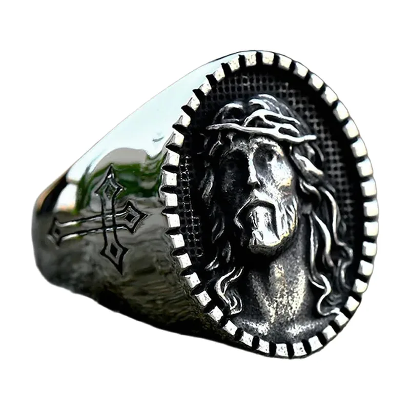 Chevalière Jésus Christ avec Croix, Acier Inoxydable