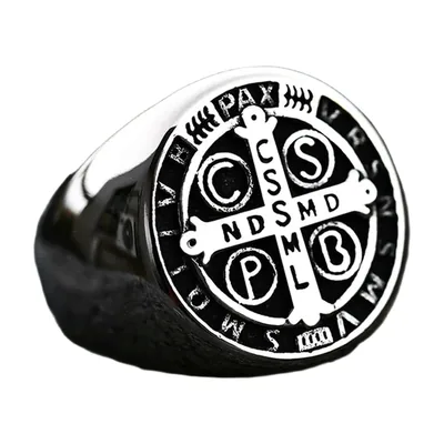 Anello Sigillo Religioso con Croce e Iscrizioni Latine, Acciaio Inossidabile
