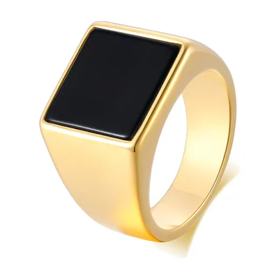 Anello Siginetto Quadrato con Pietra Nera, Acciaio Inossidabile