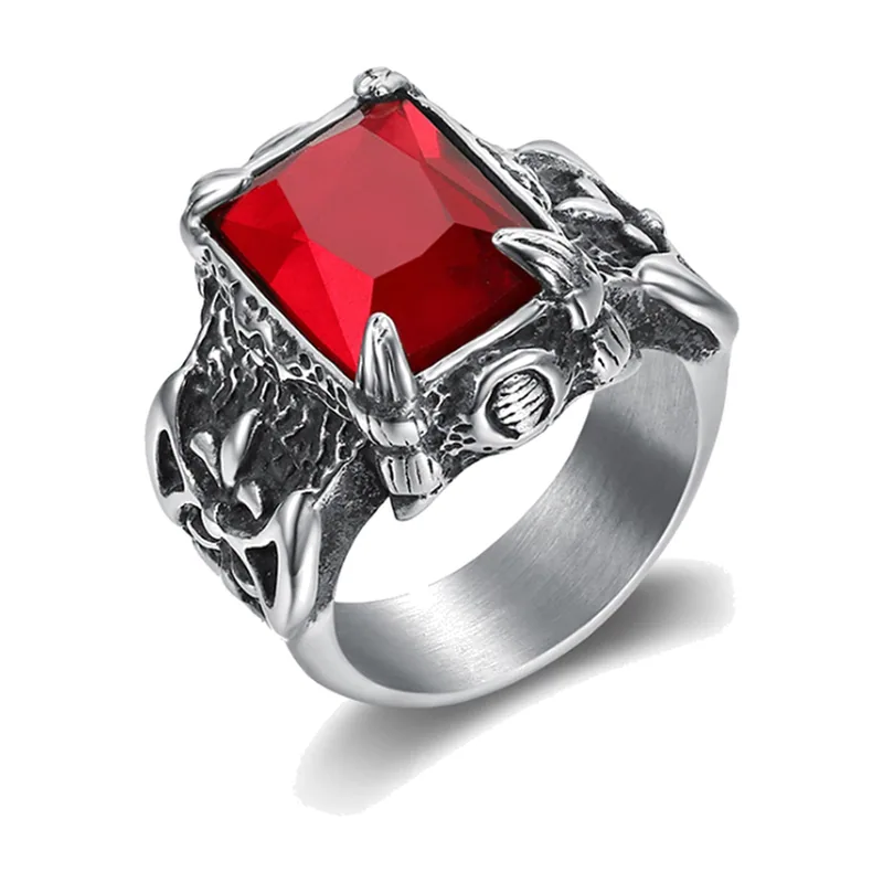 Bague Griffe de Dragon avec Pierre Rouge, Acier Inoxydable