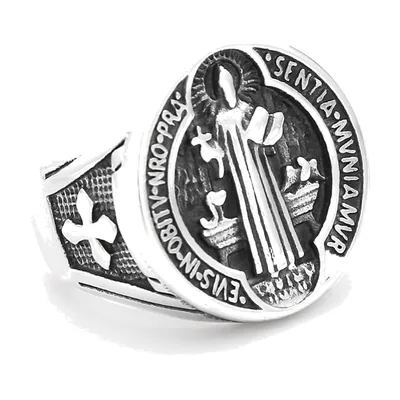 Anillo Sello de San Benito con Motivo Religioso, Acero Inoxidable