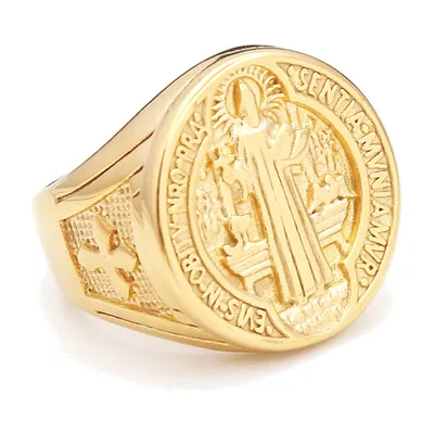 Anillo Sello con Medalla de San Benito, Acero Inoxidable