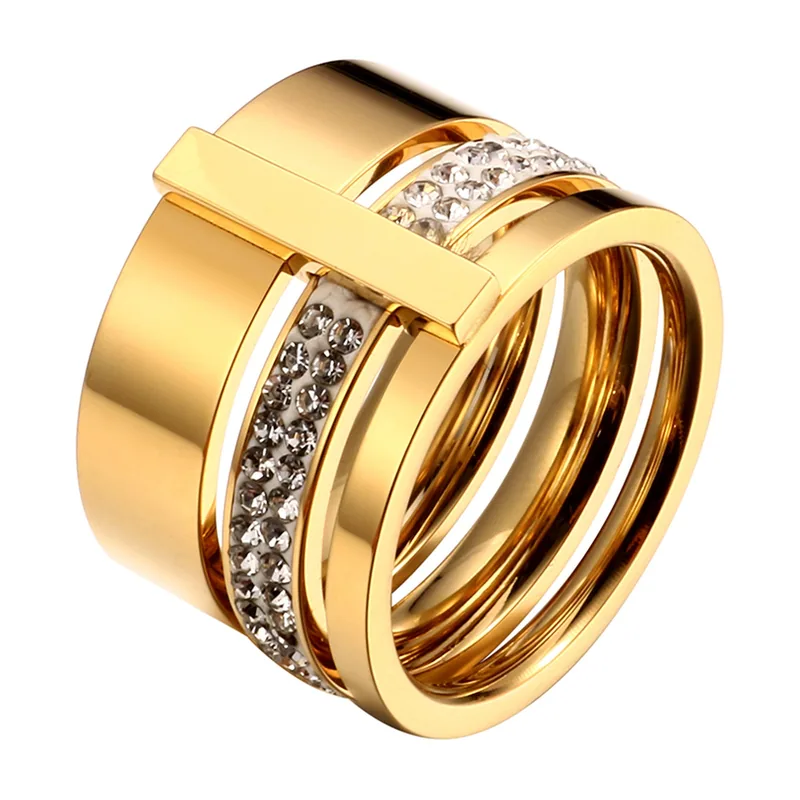 Goldfarbener Herrenring mit Zirkonia-Steinen, Edelstahl