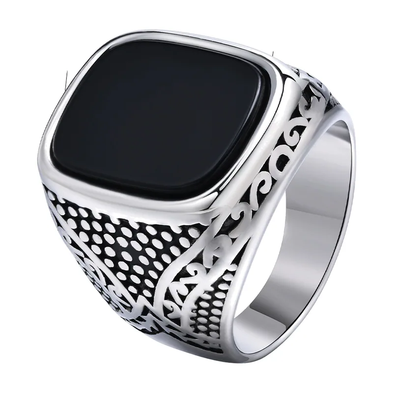 Geometric Signet Ring with Black Stone, Stainless Steel