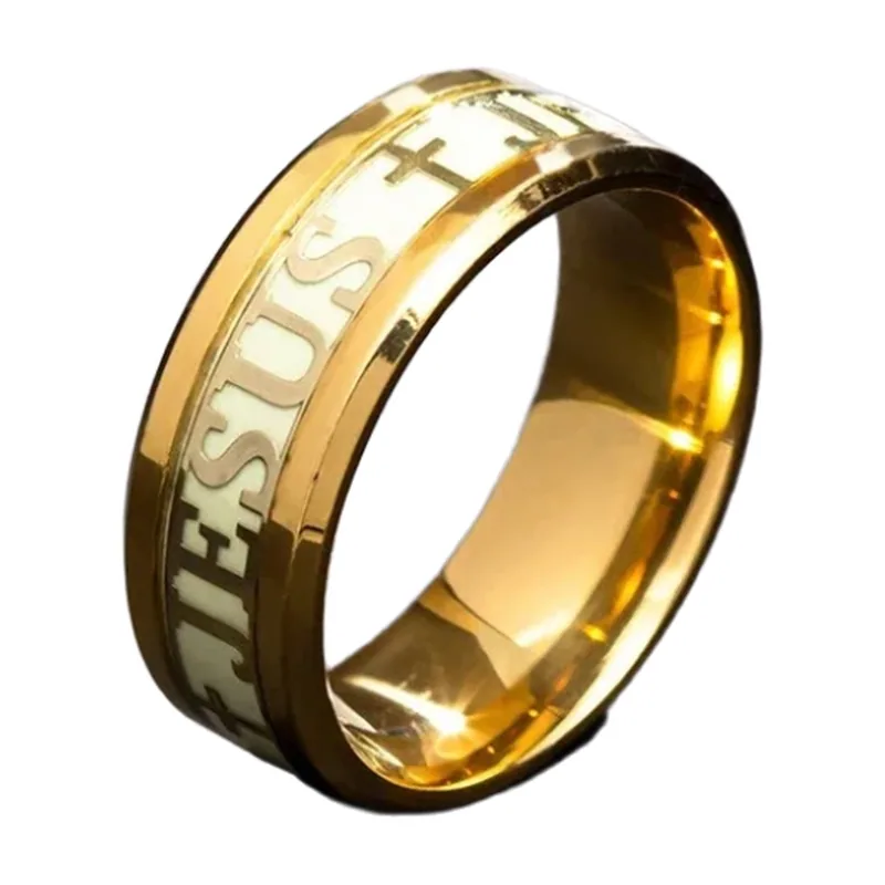 Anillo Religioso con Cruz e Inscripción de Jesús, Acero Inoxidable