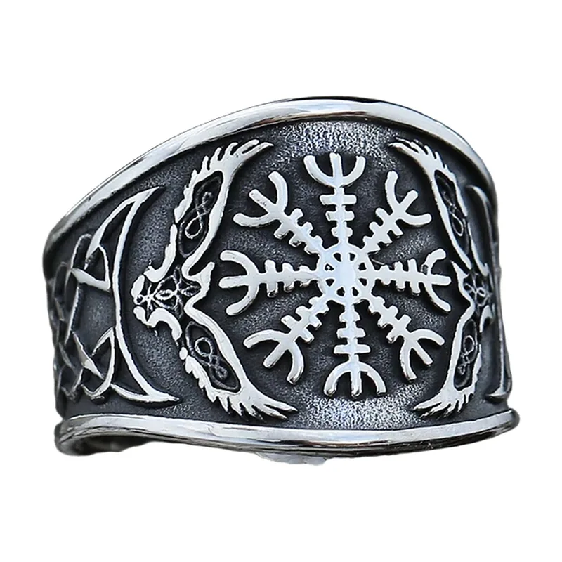 Wikinger Vegvisir Ring mit Runen und Flügeln, Edelstahl
