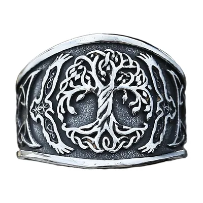 Wikinger Yggdrasil Lebensbaum Ring mit Runen, Edelstahl