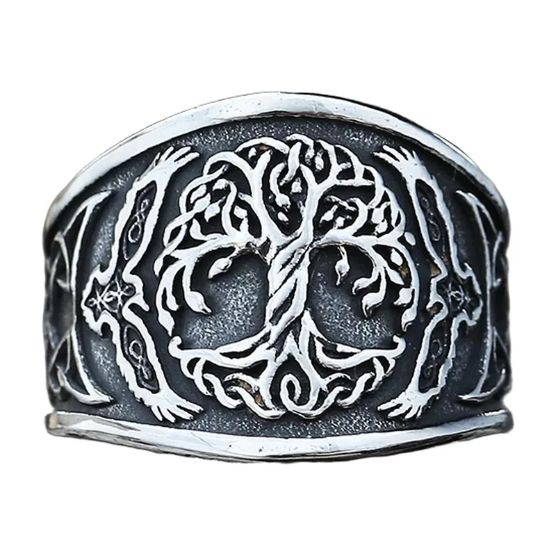 Wikinger Yggdrasil Lebensbaum Ring mit Runen, Edelstahl