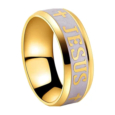 Anillo de Fe con Cruz e Inscripción de Jesús, Acero Inoxidable