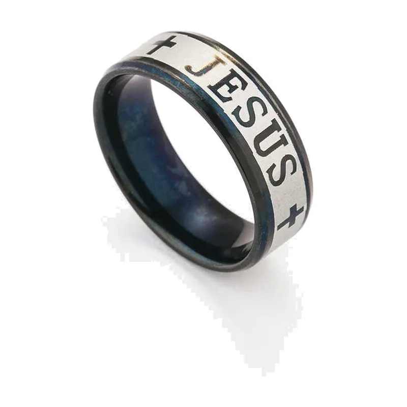 Anello Religioso con Scritta Gesù e Croci, Acciaio Inossidabile