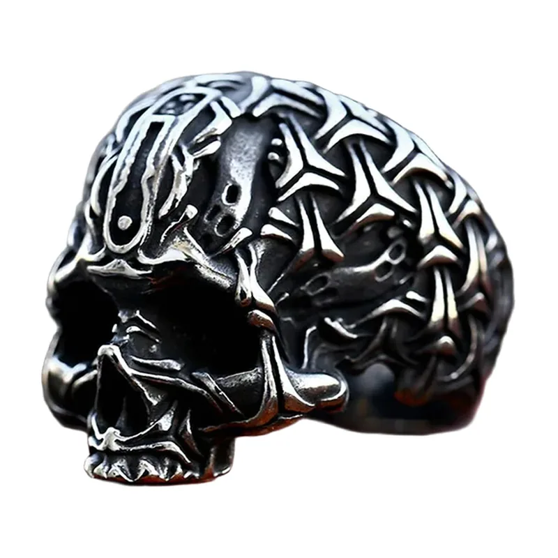 Herren Skull Statement-Ring mit Gravuren, Edelstahl
