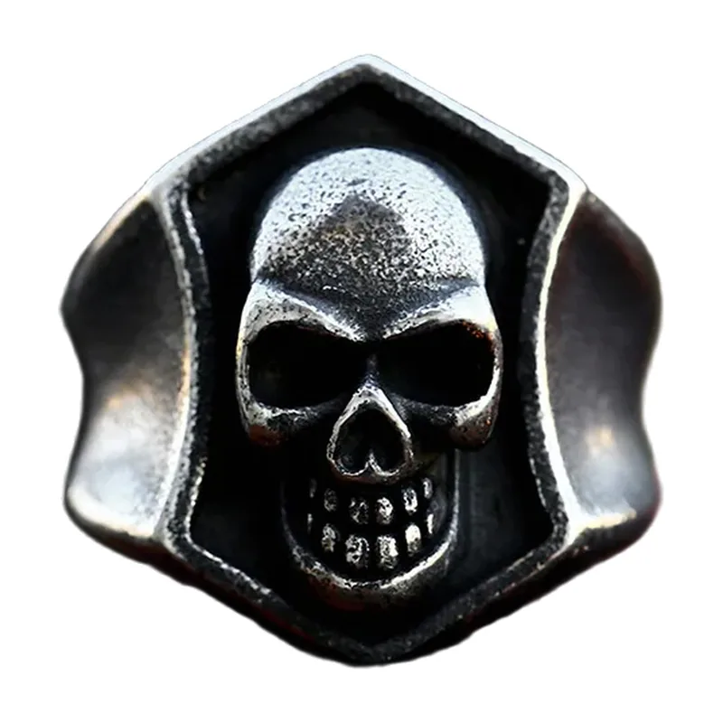 Skull Signet Ring, Hexagonal Gothic Biker Ring, Stainless Steel