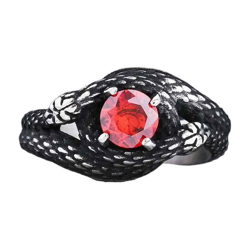 Bague Serpent 3D avec Pierre Rouge, Acier Inoxydable