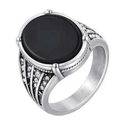 Anillo Sello Ovalado con Ónice Negro y Circonitas, Acero Inoxidable