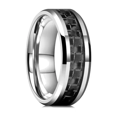 Band Ring with Black Carbon Fibre Inlay, Stainless Steel