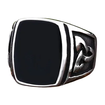 Gothic Signet Ring with Black Stone and Celtic Knots, Stainless Steel