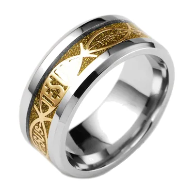 Religious Band Ring with Ichthys Fish and Jesus Text, Stainless Steel