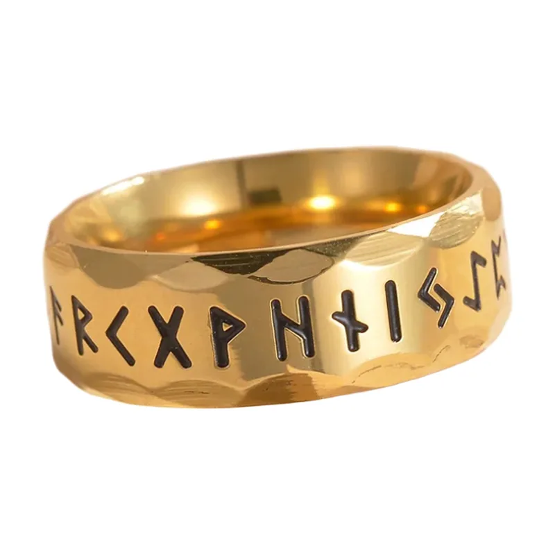 Bague Runes Nordiques à Effet Martelé, Acier Inoxydable Doré