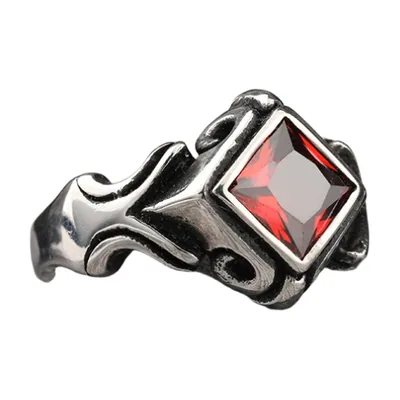 Chevalière Carrée avec Zirconia Rouge, Acier Inoxydable