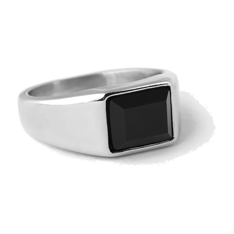 Rectangular Signet Ring with Black Stone, Stainless Steel