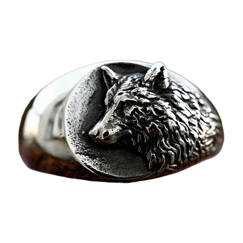 Anello Sigillo Testa di Lupo Vichingo, Acciaio Inossidabile