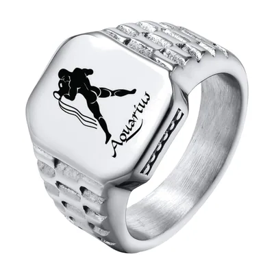 Aquarius Zodiac Signet Ring, 316L Stainless Steel