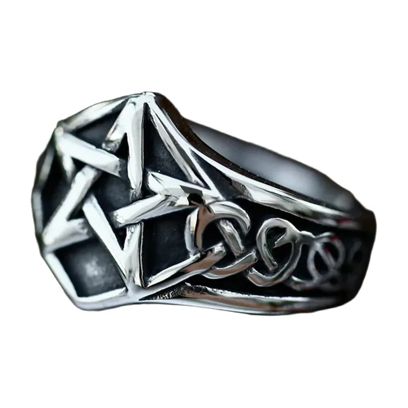 Five Pointed Star Ring with Chain Detail, Stainless Steel