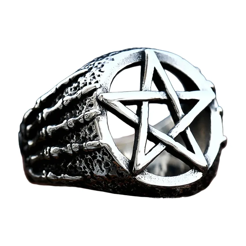 Anello Pentagramma e Mano di Scheletro, Acciaio Inossidabile