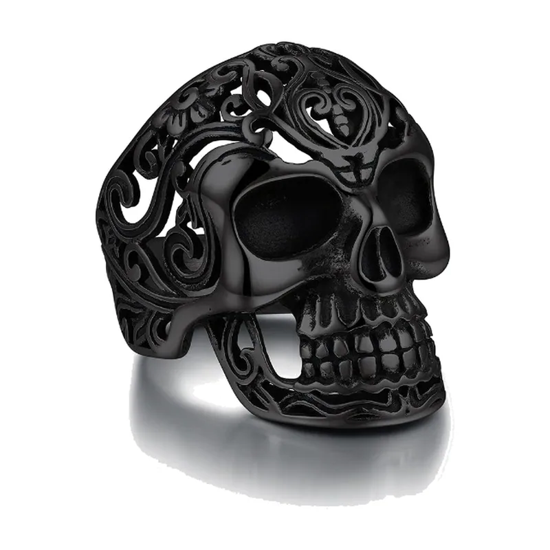 Anillo Sello Gótico con Calavera y Filigrana, Acero Inoxidable