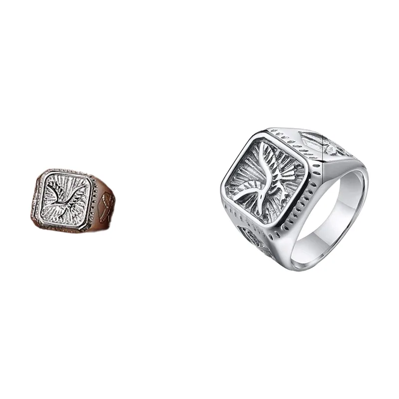 Chevalière Carrée avec Motif Aigle, Acier Inoxydable