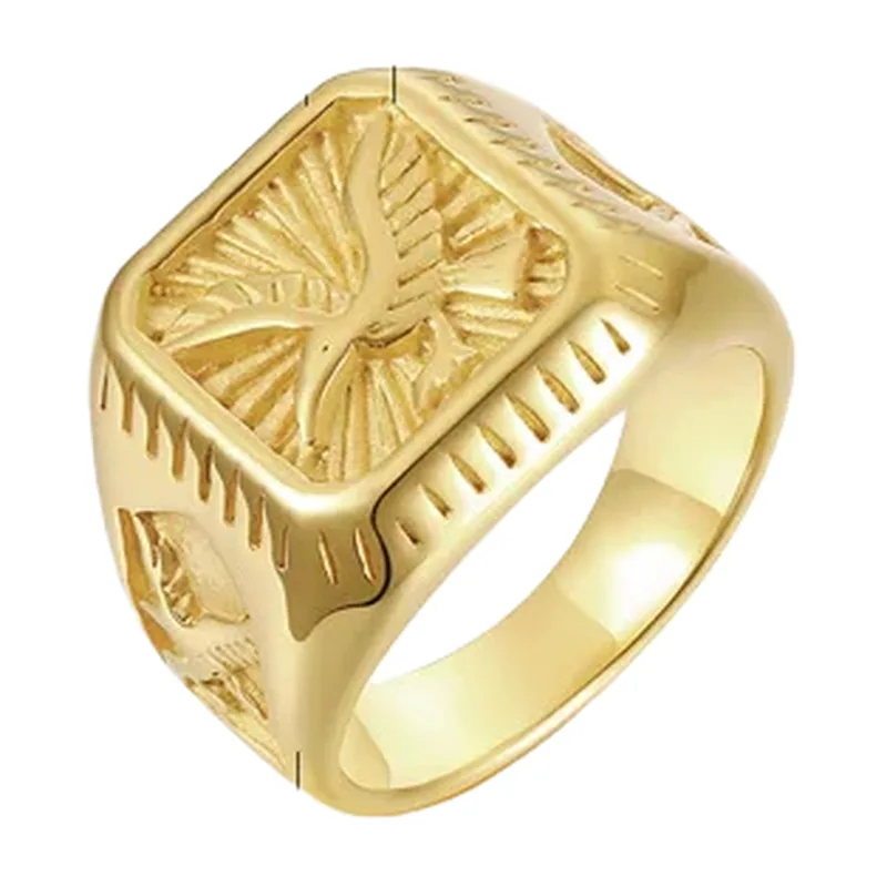 Square Signet Ring with Eagle Motif, Stainless Steel