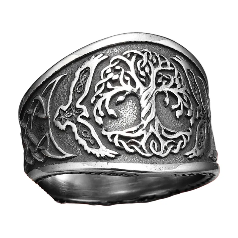Yggdrasil Lebensbaum und Vegvisir Kompass Ring, Edelstahl