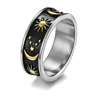 Anillo de Banda Celestial con Motivos de Sol Luna y Estrellas, Acero Inoxidable