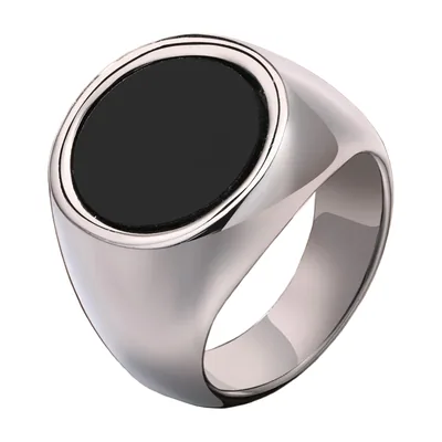 Anello Sigillo Rotondo con Pietra Nera, Acciaio Inossidabile