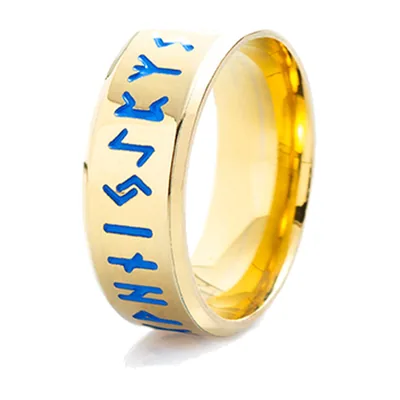 Anillo de Runas Nórdicas con Esmalte Azul, Acero Inoxidable Dorado